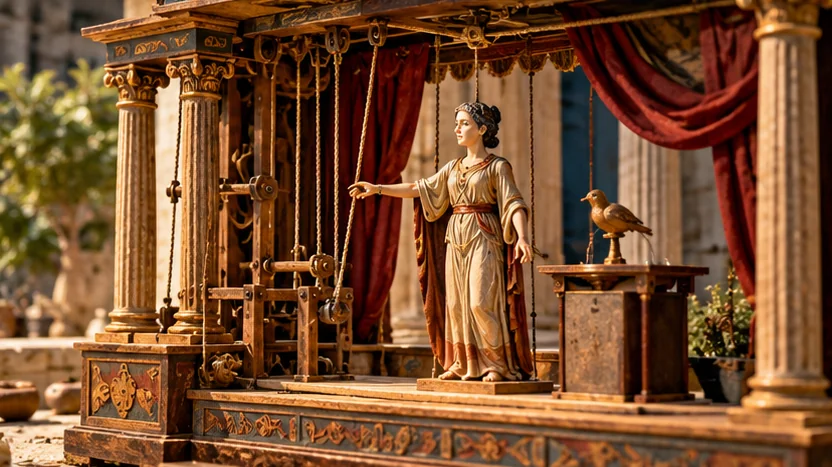 AI-generated reconstruction of a mechanical ancient Greek theatrical automaton with pulleys