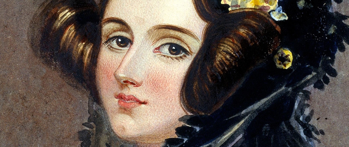 Historical painted portrait of Ada Lovelace wearing a purple dress