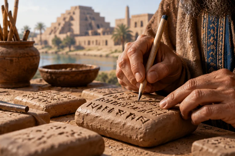 AI-generated reconstruction of a Mesopotamian scribe making marks in wet clay