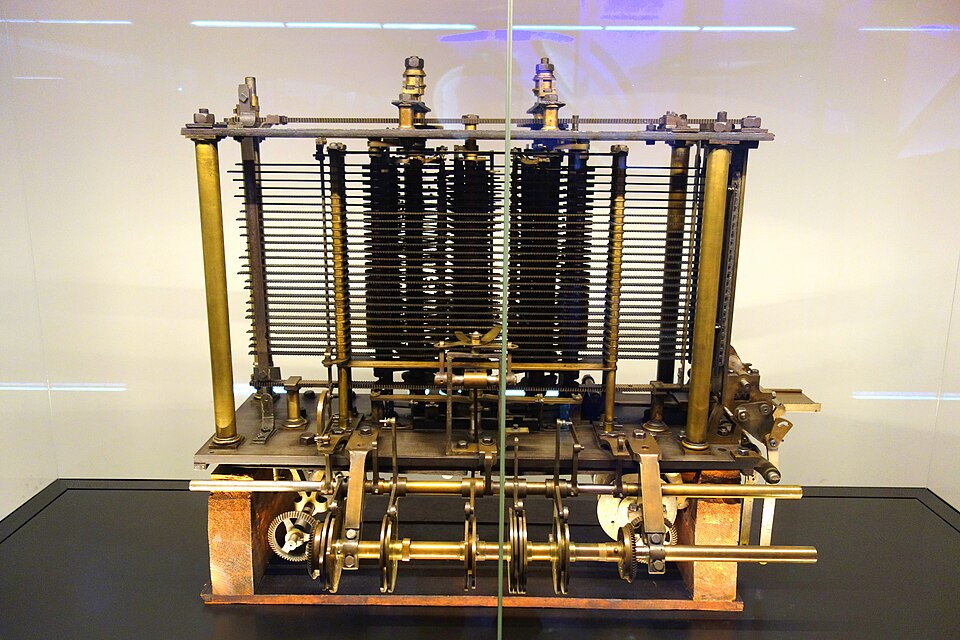 Surviving metal trial model of Charles Babbage analytical engine mechanism displayed at the Science Museum