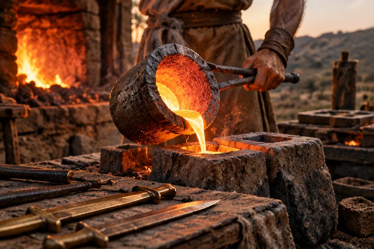 AI-generated cinematic reconstruction of a Bronze Age metalworker pouring molten metal into a casting mould