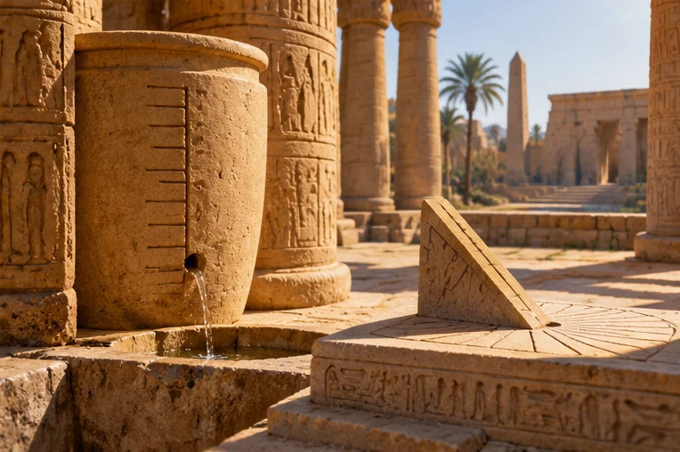 AI-generated reconstruction showing an ancient Egyptian water clock and sundial