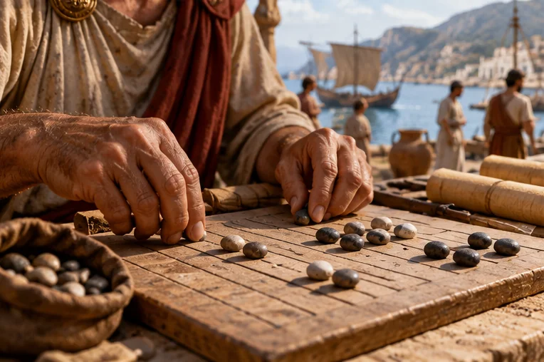 AI-generated reconstruction of a Mediterranean trader using stones on a marked counting board