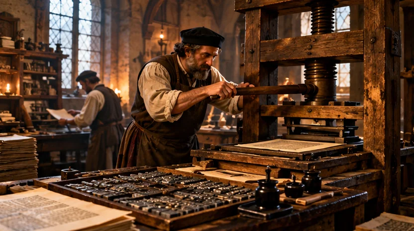 AI-generated historical reconstruction of a Gutenberg-era European printing workshop