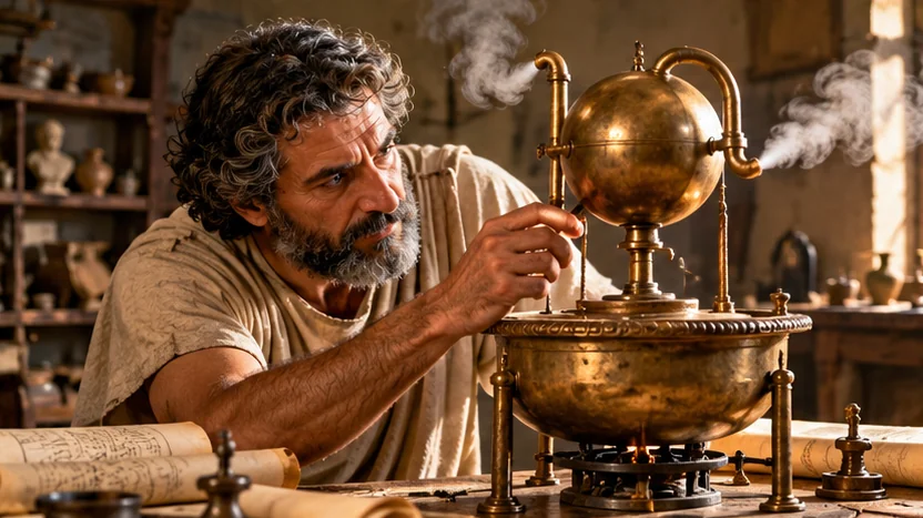 AI-generated historical reconstruction of an Alexandrian engineer experimenting with a bronze steam-driven sphere