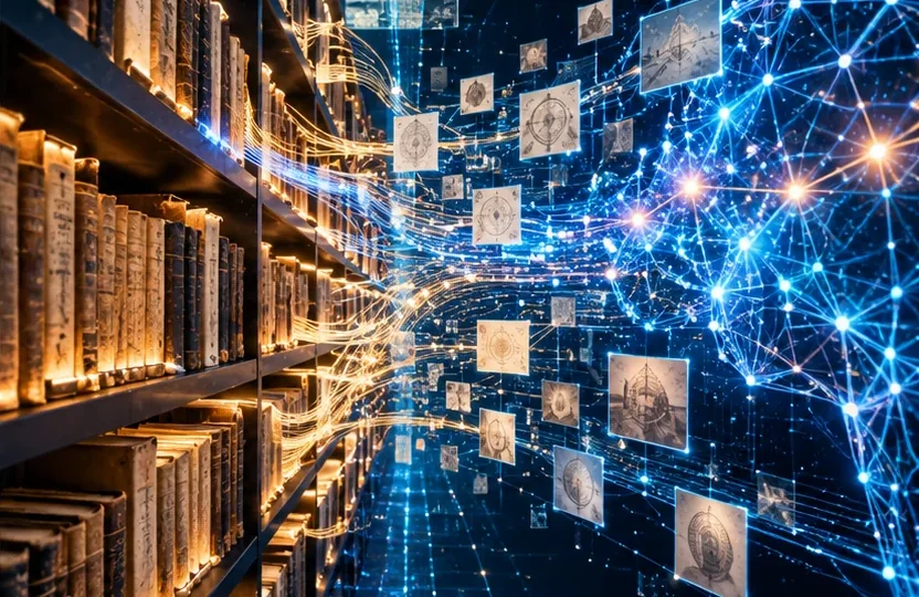 AI-generated symbolic image connecting archival knowledge with modern information networks