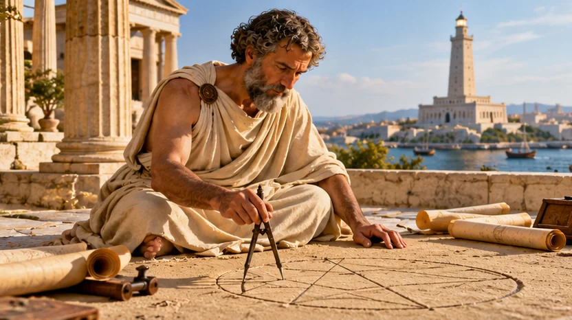 AI-generated reconstruction of an ancient Greek geometer drawing shapes using a compass