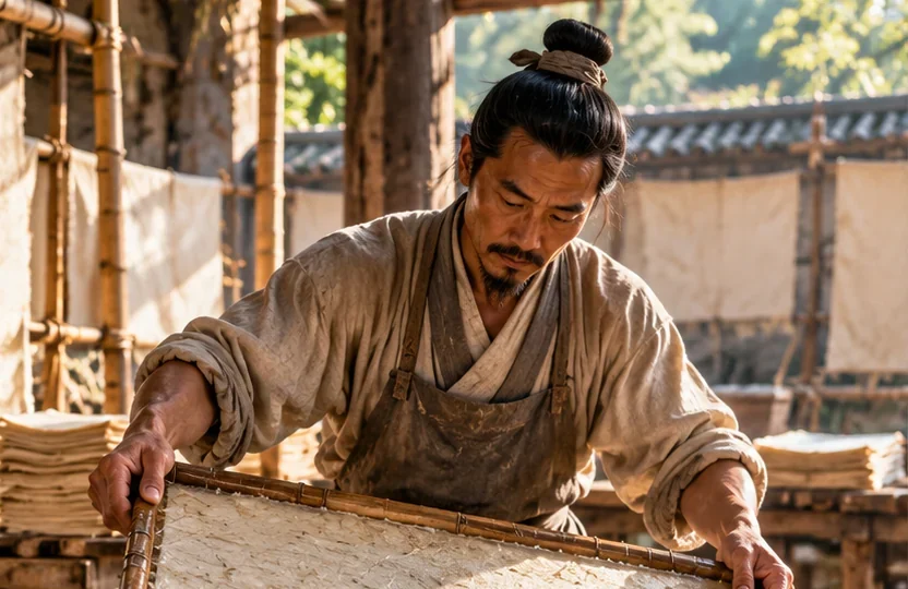 AI-generated historical reconstruction of a Han-era Chinese papermaker lifting a fibre sheet