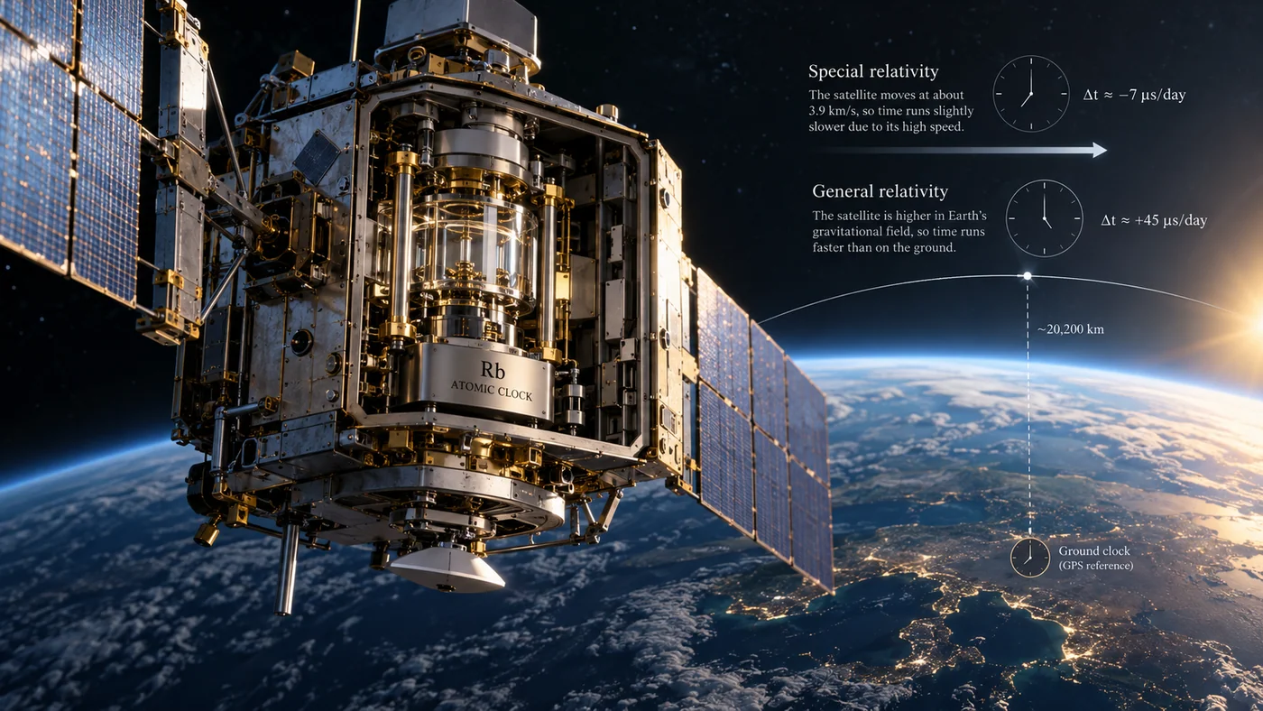 Conceptual cutaway of a GPS satellite carrying an atomic clock above Earth with time-dilation annotations.