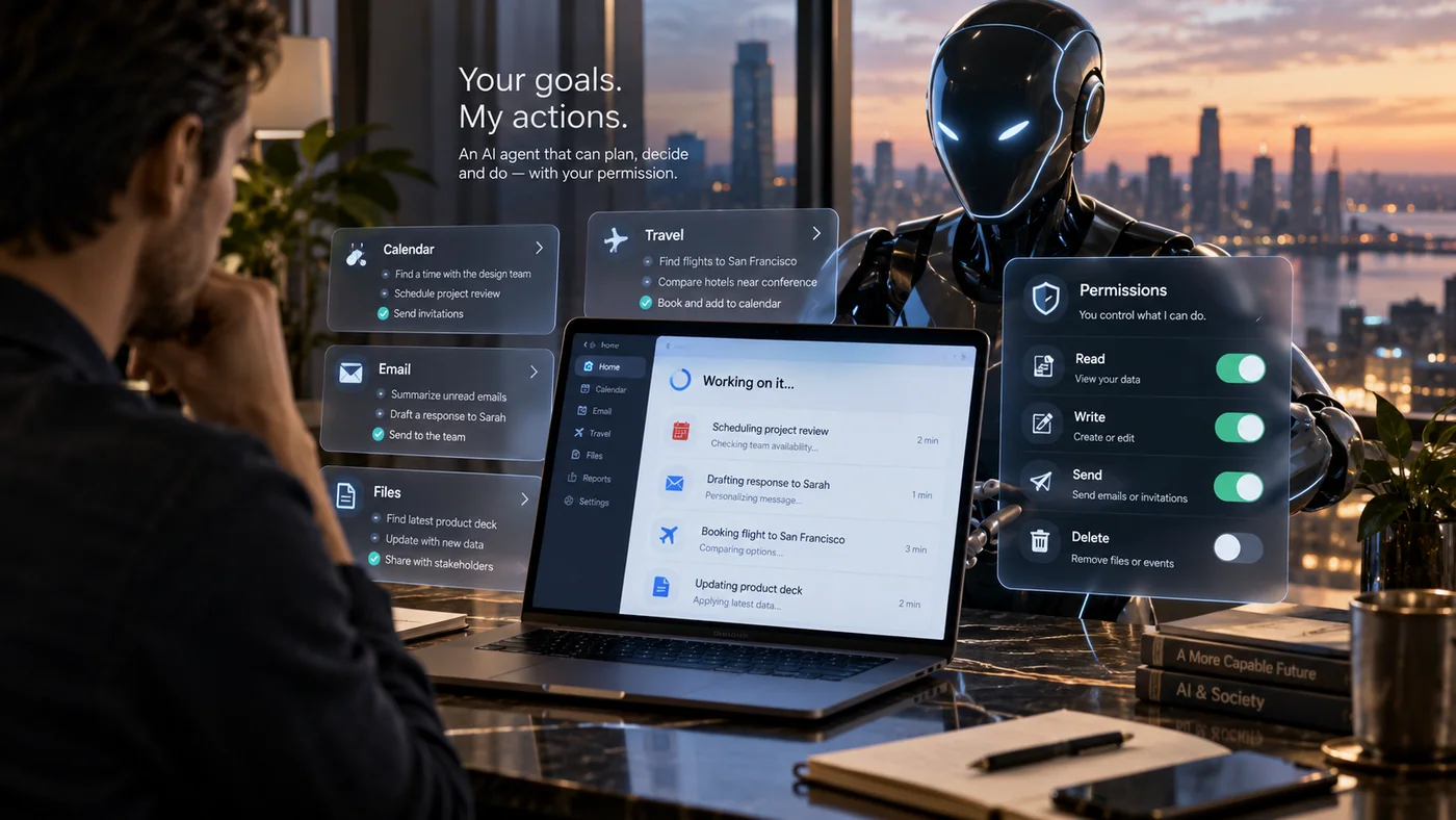 Lead image. Conceptual AI agent in an office workspace, with panels showing allowed actions and permission switches.