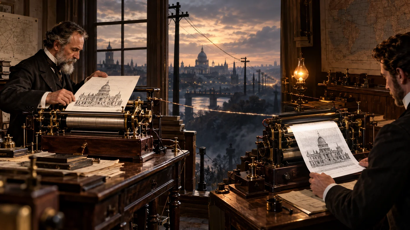 AI-created period scene showing a sheet being transmitted between two mechanical telegraph stations; illustrative, not documentary.