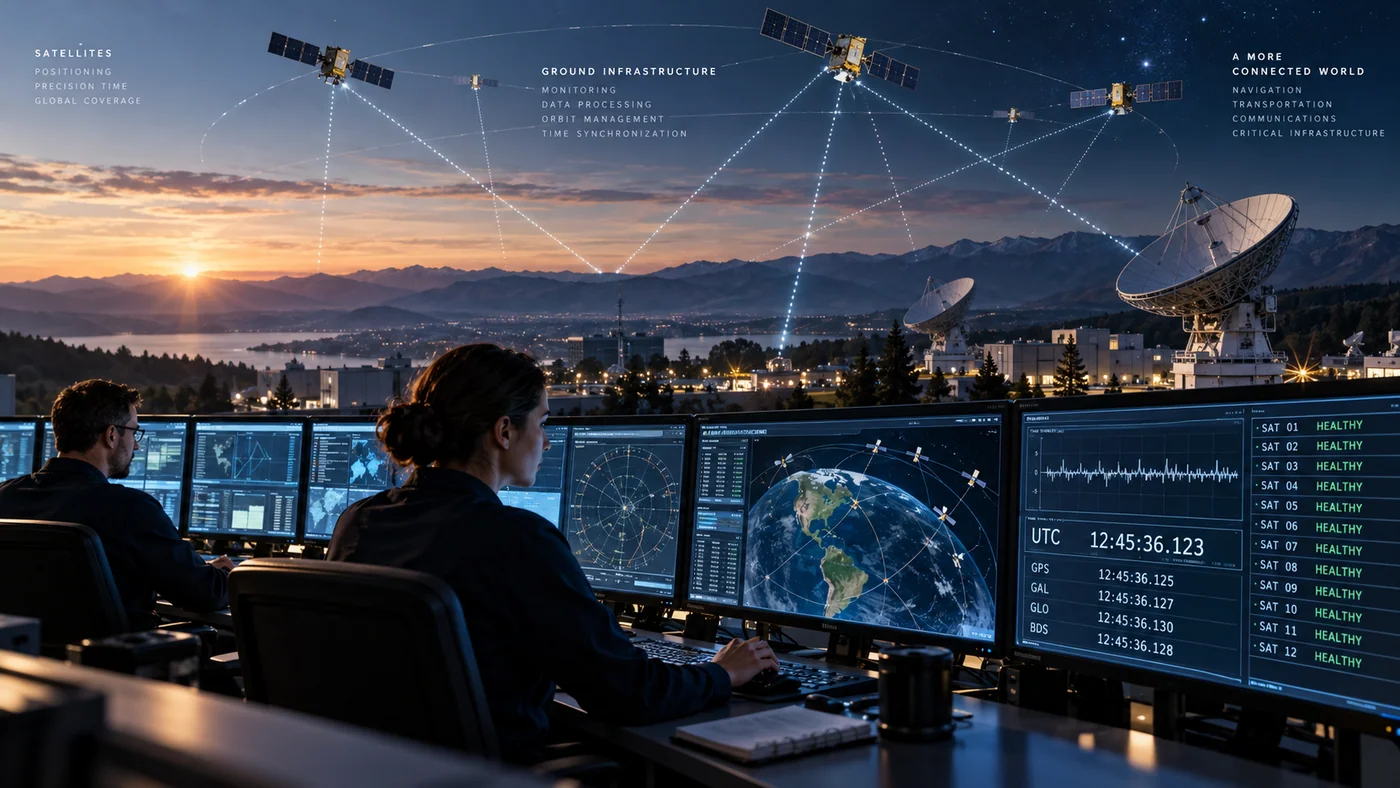 Illustrative monitoring centre coordinating satellites, timing signals and ground infrastructure.