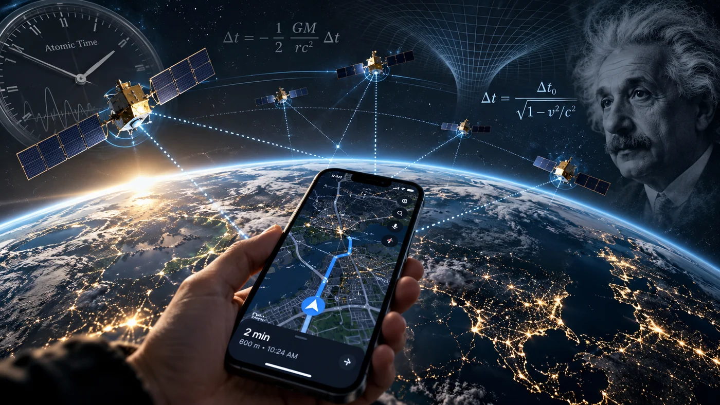 Lead image. Concept art connecting a satellite constellation, Einstein’s portrait and smartphone navigation over Earth.