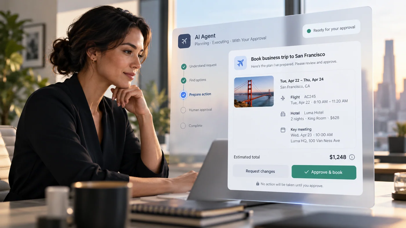 Illustrative approval screen showing a person reviewing an AI agent’s proposed booking before allowing an action.