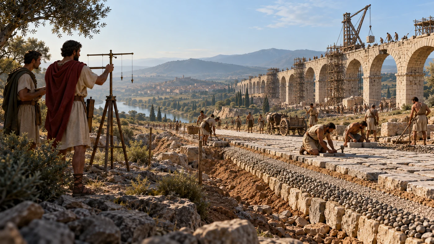 A Roman surveyor uses a groma beside a road under construction, with an aqueduct crossing a valley.
