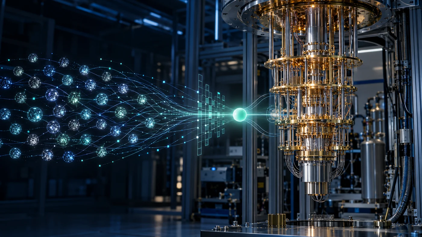 A quantum laboratory with a dilution refrigerator and a visual representation of physical qubits forming a protected logical qubit.
