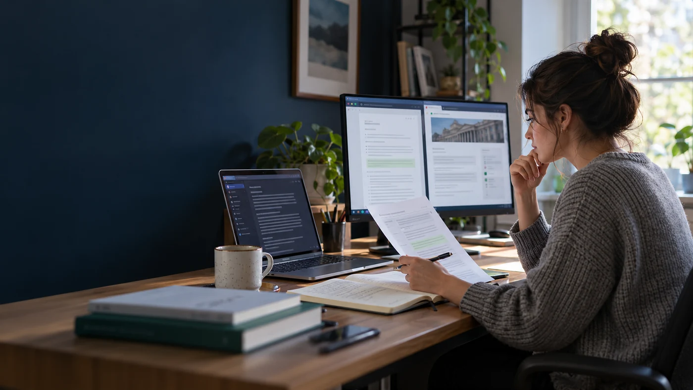 A person compares an AI answer on a laptop with an official website, a printed source and handwritten notes.