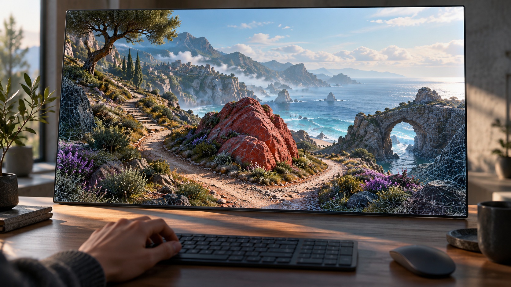 A conceptual coastal AI environment on a screen, with a red rock, stone arch and a hand at the keyboard.